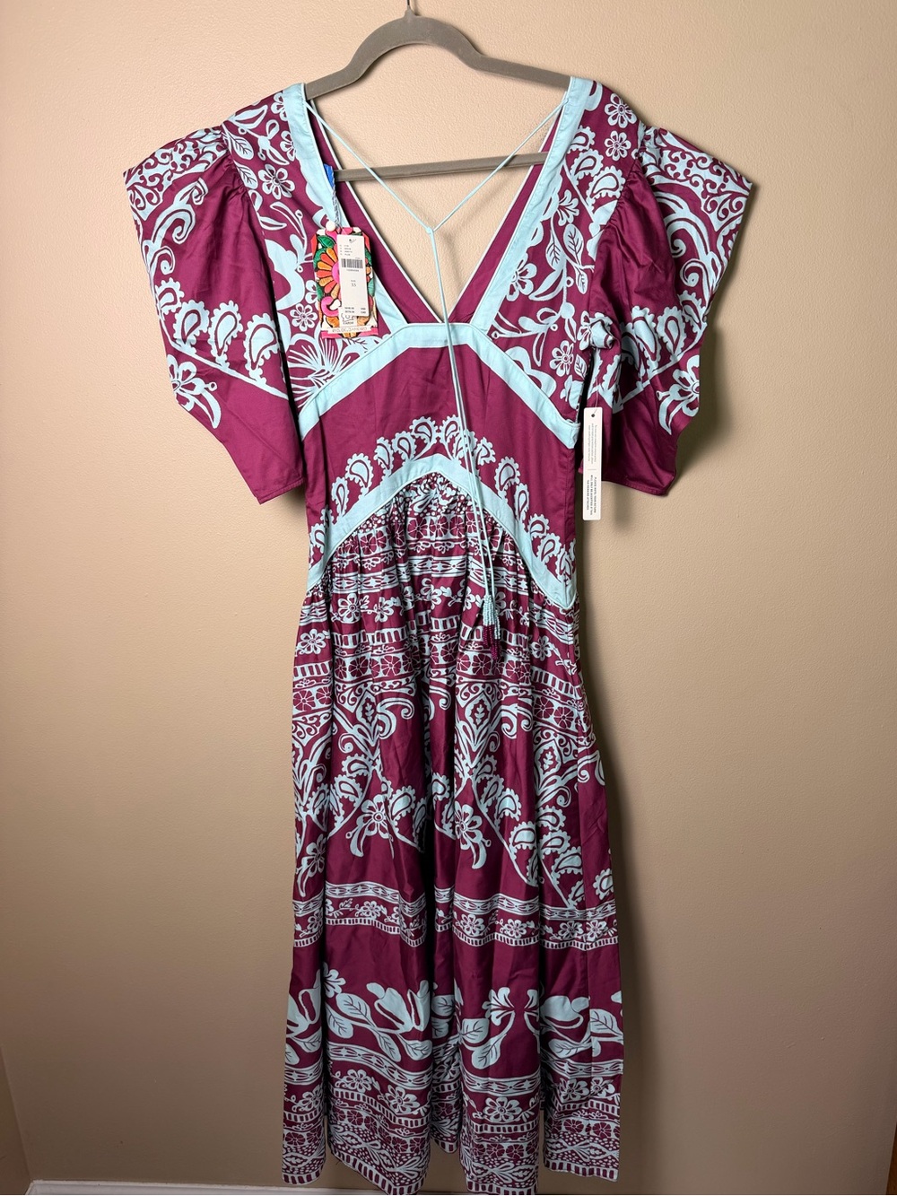 Farm Rio x Anthropologie Burgundy Blue Print puff sleeve Dress Size XS NWT - Picture 6 of 11